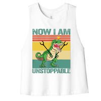 Now I Am Unstoppable TRex Funny Dinosaur Retro Vintage Women's Racerback Cropped Tank