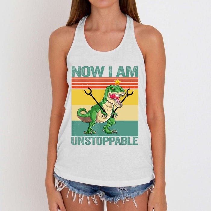 Now I Am Unstoppable TRex Funny Dinosaur Retro Vintage Women's Knotted Racerback Tank