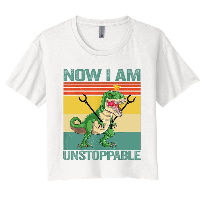 Now I Am Unstoppable TRex Funny Dinosaur Retro Vintage Women's Crop Top Tee