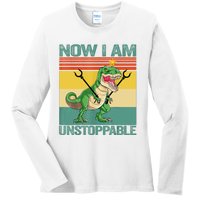 Now I Am Unstoppable TRex Funny Dinosaur Retro Vintage Ladies Long Sleeve Shirt