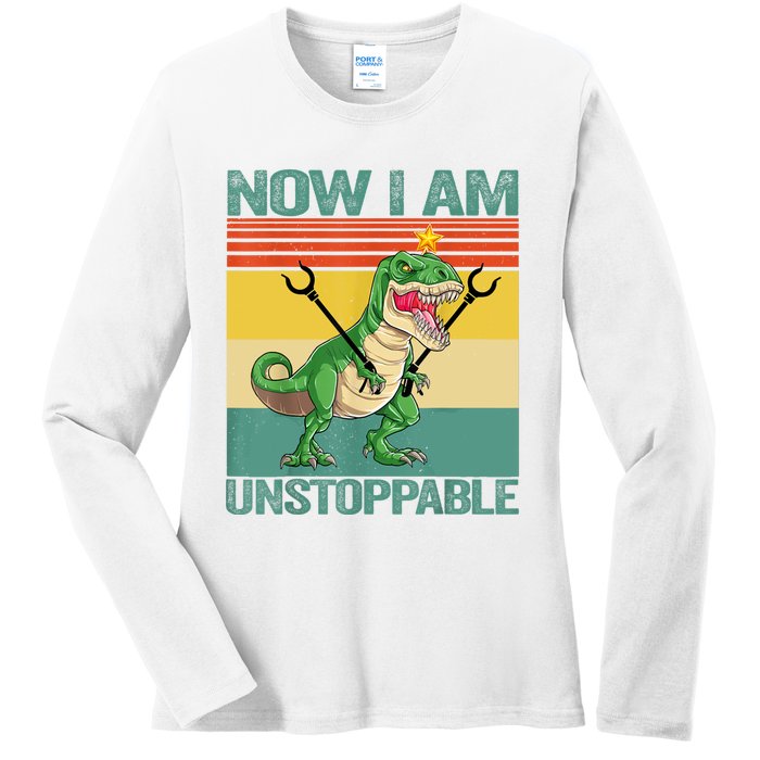 Now I Am Unstoppable TRex Funny Dinosaur Retro Vintage Ladies Long Sleeve Shirt