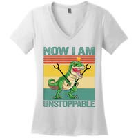 Now I Am Unstoppable TRex Funny Dinosaur Retro Vintage Women's V-Neck T-Shirt