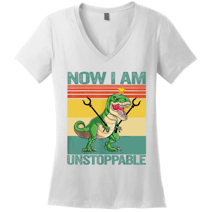 Now I Am Unstoppable TRex Funny Dinosaur Retro Vintage Women's V-Neck T-Shirt