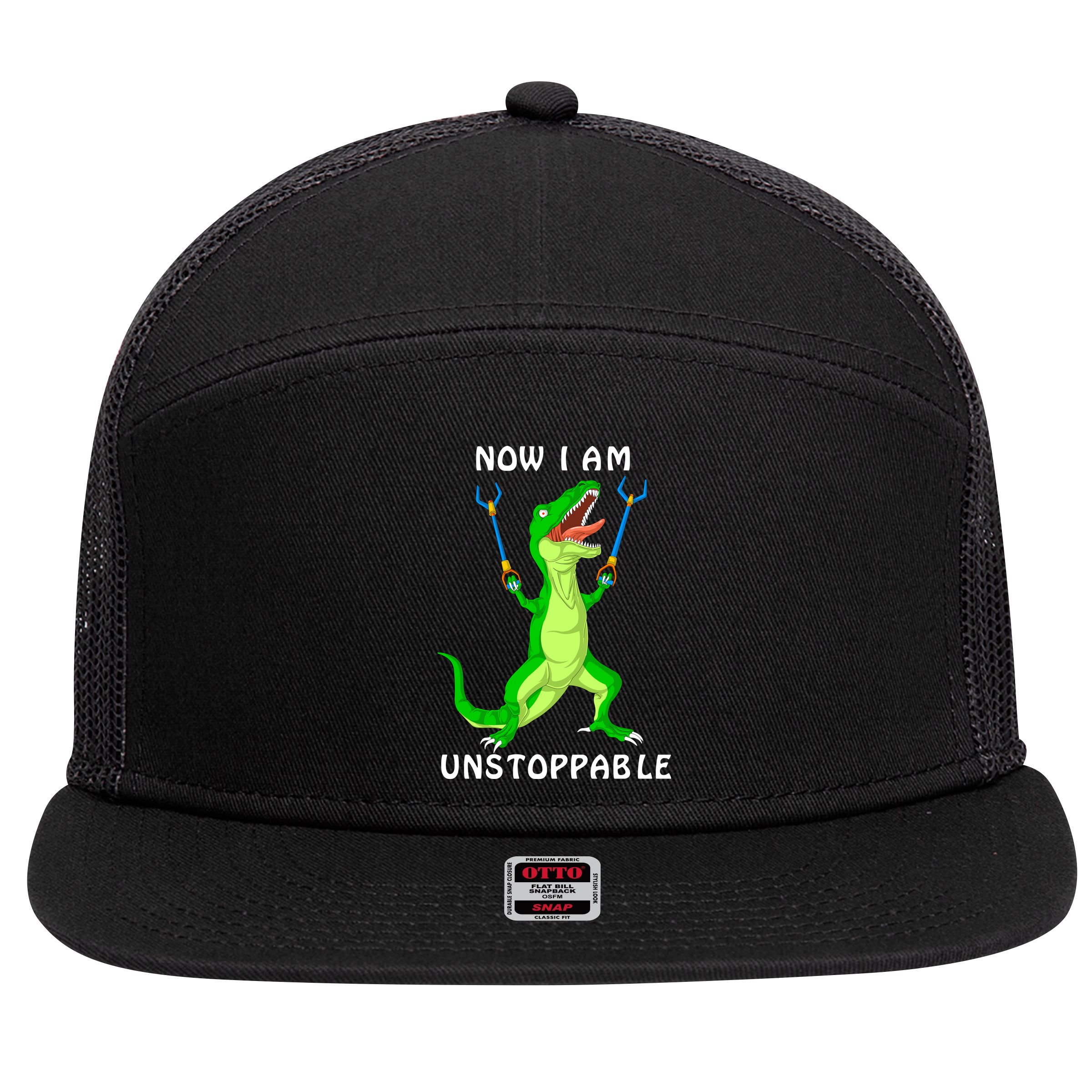 Now I Am Unstoppable Dinosaur 7 Panel Mesh Trucker Snapback Hat