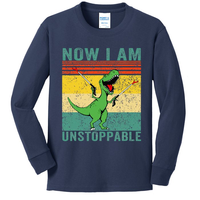 Now I am Unstoppable T-Rex Funny Dinosaur Retro Vintage Kids Long Sleeve Shirt