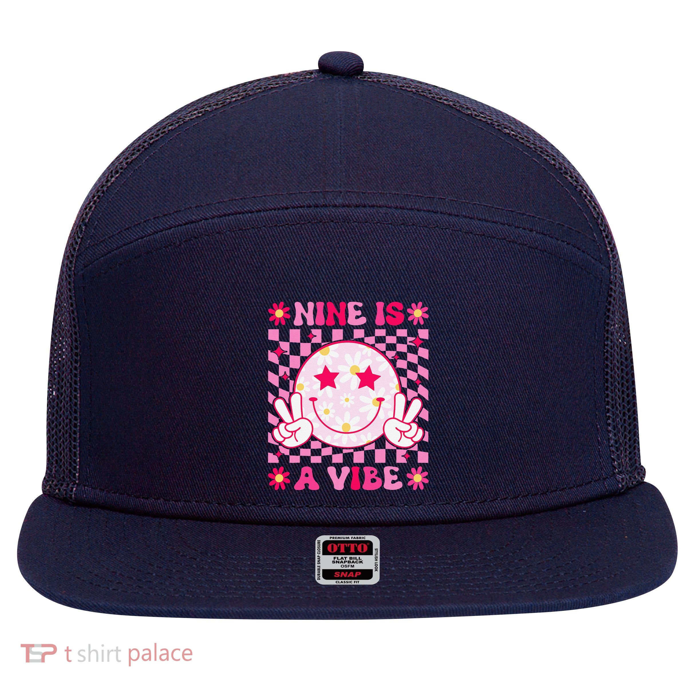 Nine Is A Vibe Birthday Groovy 9 Year Old Girl 9th Birthday 7 Panel Mesh Trucker Snapback Hat