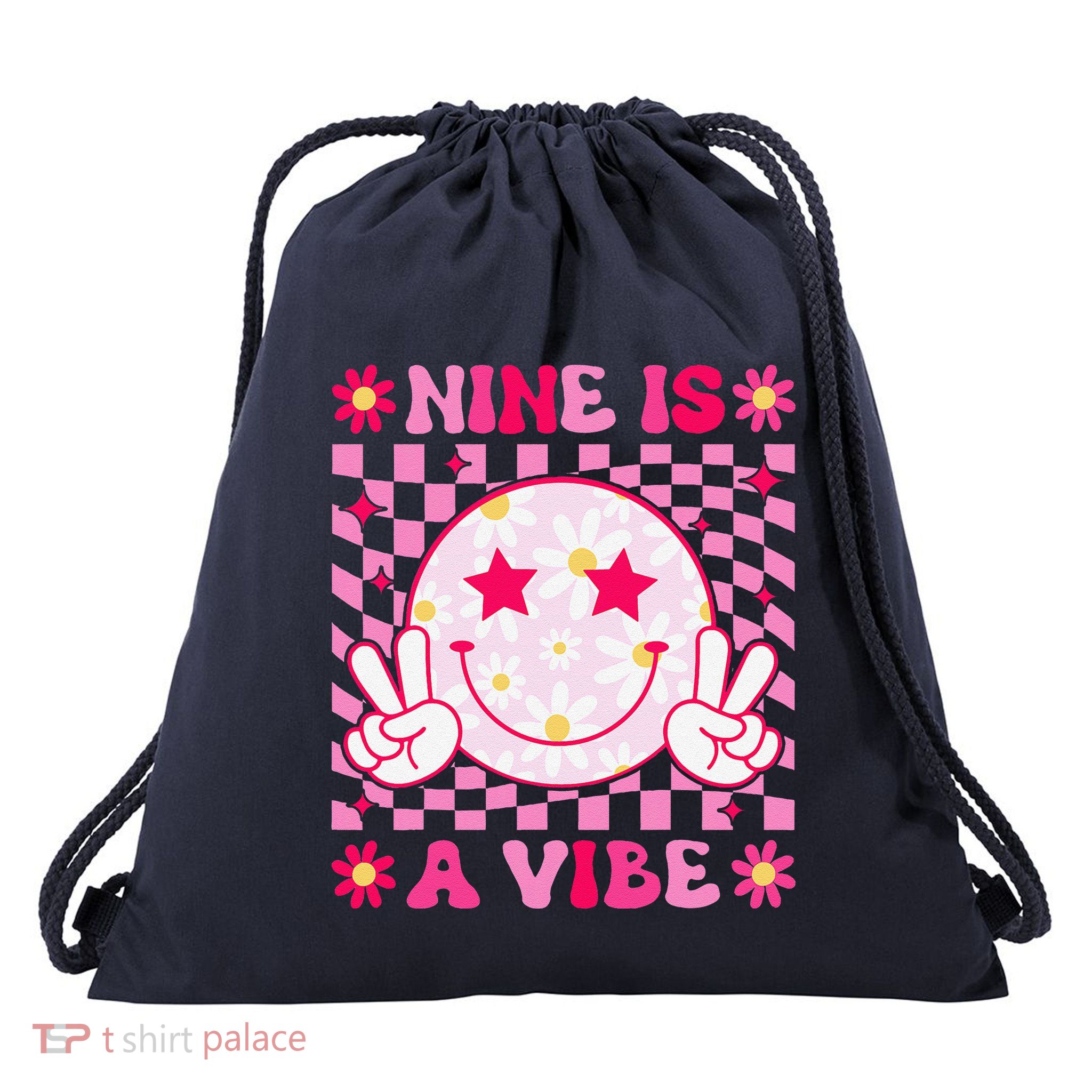 Nine Is A Vibe Birthday Groovy 9 Year Old Girl 9th Birthday Drawstring Bag