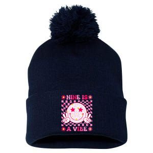 Nine Is A Vibe Birthday Groovy 9 Year Old Girl 9th Birthday Pom Pom 12in Knit Beanie