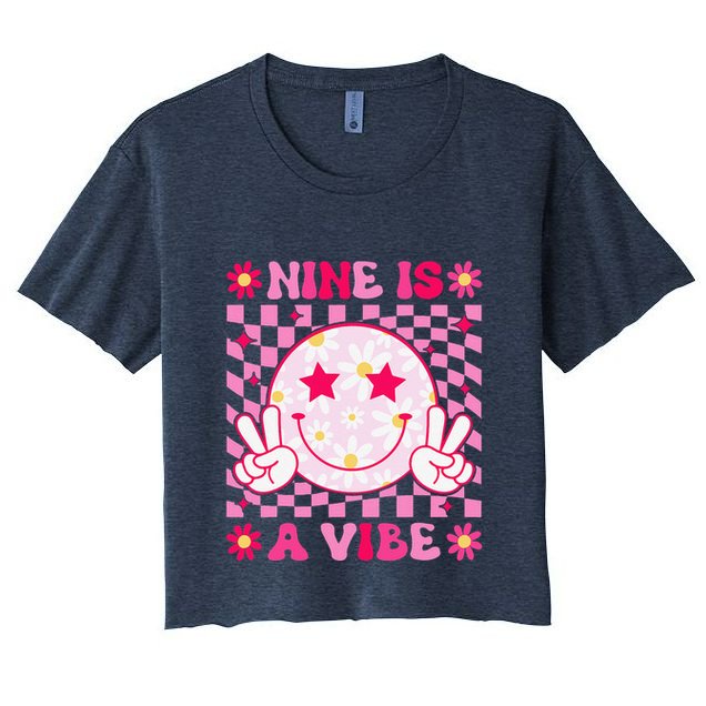 Nine Is A Vibe Birthday Groovy 9 Year Old Girl 9th Birthday Crop Top