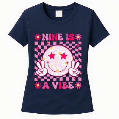 Nine Is A Vibe Birthday Groovy 9 Year Old Girl 9th Birthday Womens T-Shirt