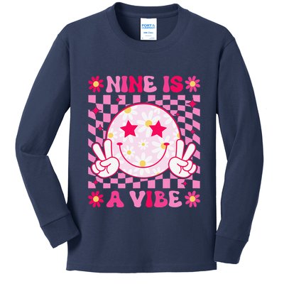 Nine Is A Vibe Birthday Groovy 9 Year Old Girl 9th Birthday Kids Long Sleeve Shirt