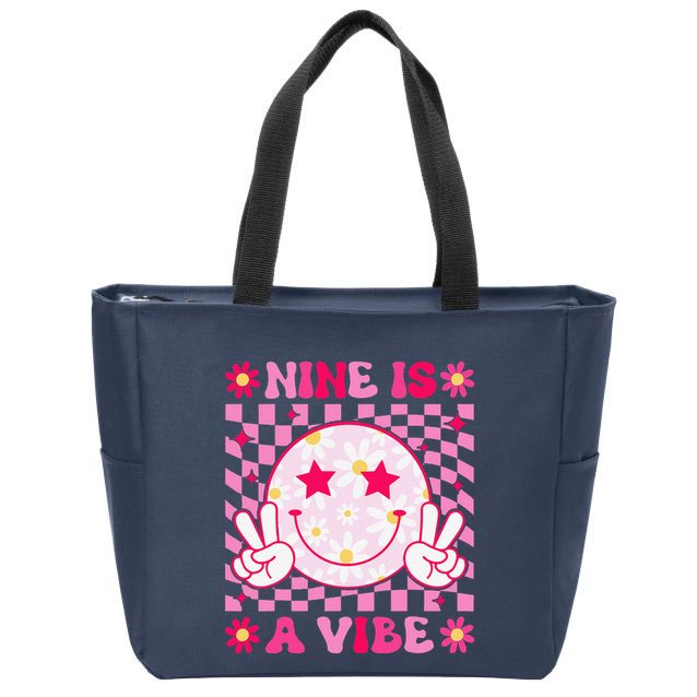 Nine Is A Vibe Birthday Groovy 9 Year Old Girl 9th Birthday Zip Tote Bag