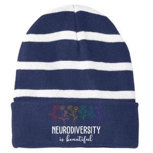 Neurodiversity Is Beautiful Colorful Flowers Striped Beanie with Solid Band