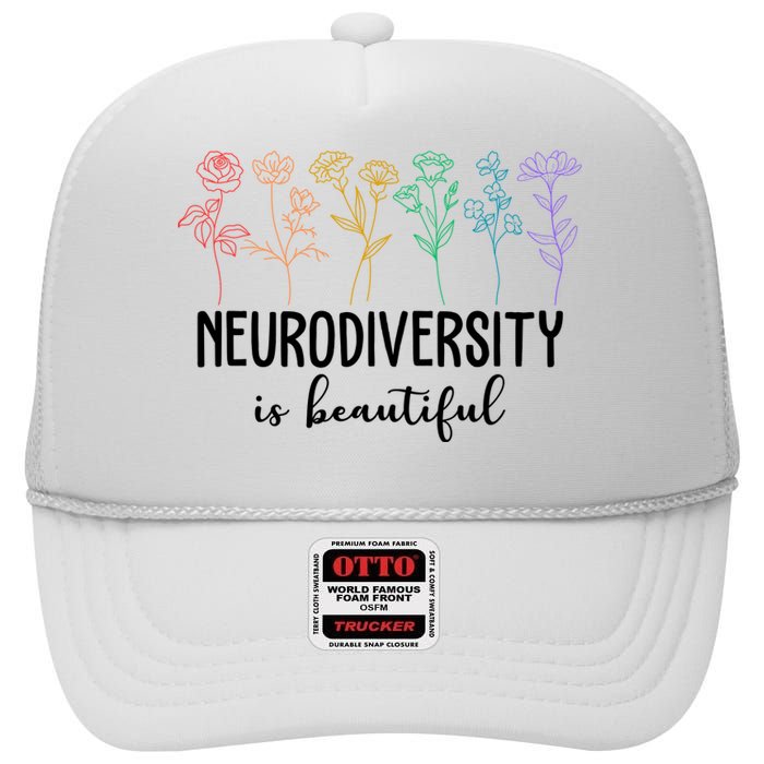 Neurodiversity Is Beautiful Colorful Flowers High Crown Mesh Back Trucker Hat