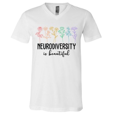 Neurodiversity Is Beautiful Colorful Flowers V-Neck T-Shirt