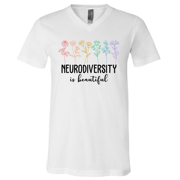 Neurodiversity Is Beautiful Colorful Flowers V-Neck T-Shirt