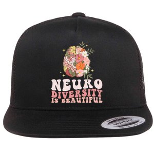 Neurodiversity Is Beautiful Floral Brain Groovy Flat Bill Trucker Hat