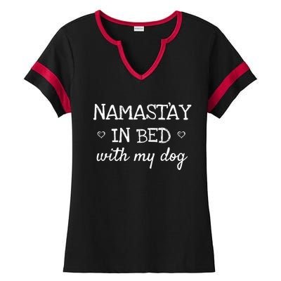 Namastay In Bed With My Dog Namaste Funny Parody Yoga Ladies Halftime Notch Neck Tee