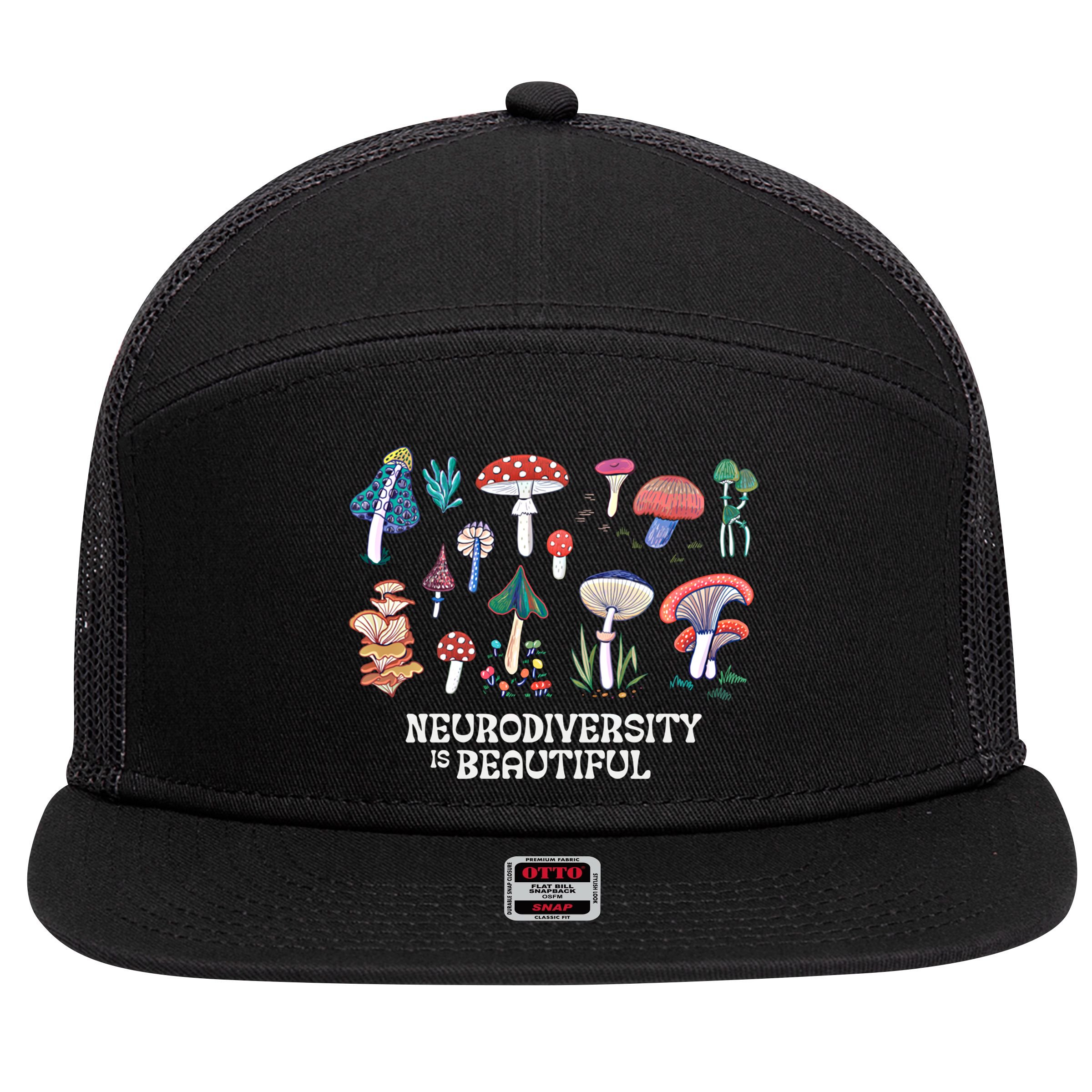 Neurodiversity Is Beautiful Mushroom Autism Awareness Outfit Gift 7 Panel Mesh Trucker Snapback Hat