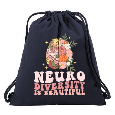 Neurodiversity Is Beautiful Floral Brain Groovy Retro Autism Drawstring Bag