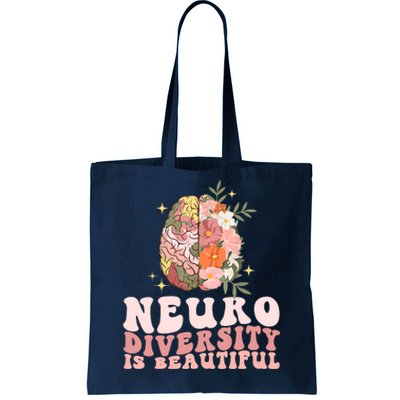 Neurodiversity Is Beautiful Floral Brain Groovy Retro Autism Tote Bag