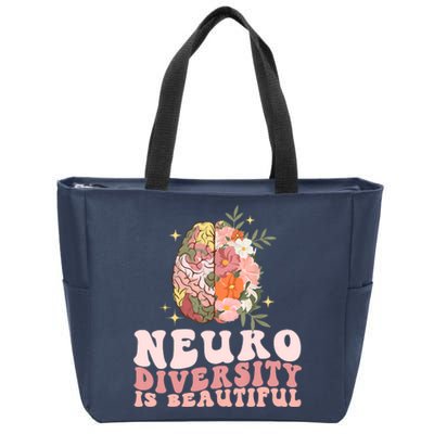 Neurodiversity Is Beautiful Floral Brain Groovy Retro Autism Zip Tote Bag