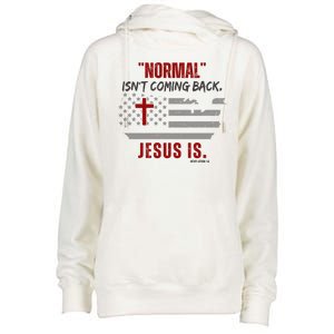 Normal Isnt Coming Back Jesus Is American Flag Cross Womens Funnel Neck Pullover Hood