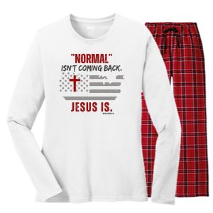 Normal Isnt Coming Back Jesus Is American Flag Cross Women's Long Sleeve Flannel Pajama Set 