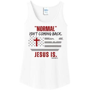 Normal Isnt Coming Back Jesus Is American Flag Cross Ladies Essential Tank