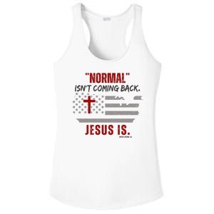 Normal Isnt Coming Back Jesus Is American Flag Cross Ladies PosiCharge Competitor Racerback Tank