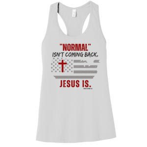 Normal Isnt Coming Back Jesus Is American Flag Cross Women's Racerback Tank