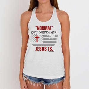 Normal Isnt Coming Back Jesus Is American Flag Cross Women's Knotted Racerback Tank