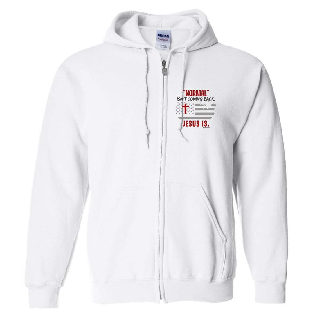 Normal Isnt Coming Back Jesus Is American Flag Cross Full Zip Hoodie