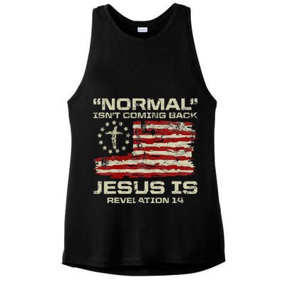 Normal IsnT Coming Back Jesus Is Christian American Flag Ladies PosiCharge Tri-Blend Wicking Tank