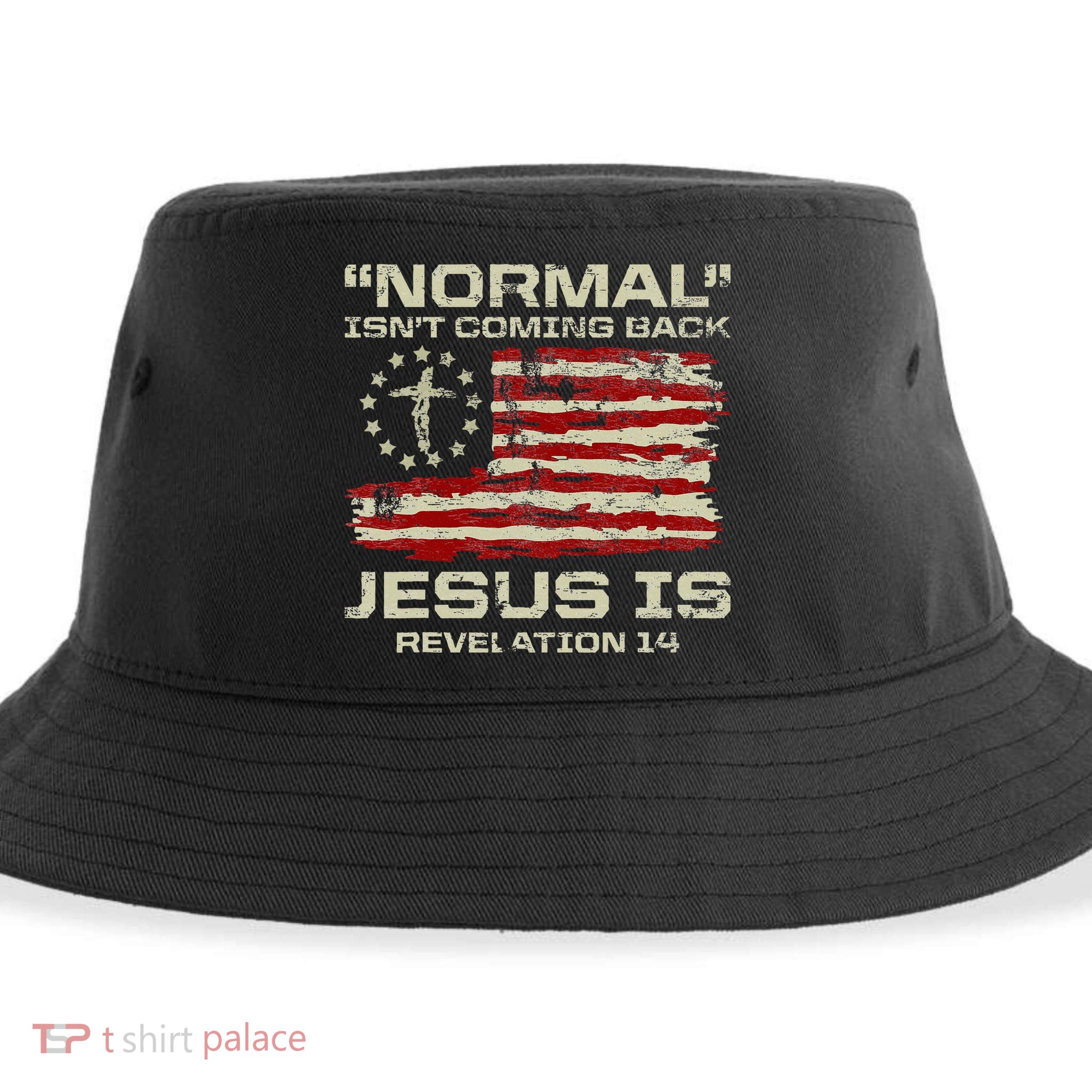 Normal IsnT Coming Back Jesus Is Christian American Flag Sustainable Bucket Hat
