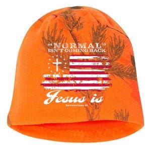 Normal Isn't Coming Back But Jesus Is Revelation 14 American Flag Kati - Camo Knit Beanie