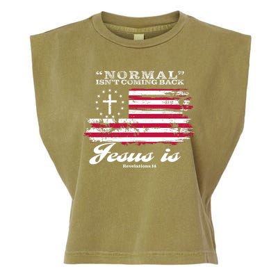 Normal Isn't Coming Back But Jesus Is Revelation 14 American Flag Garment-Dyed Women's Muscle Tee