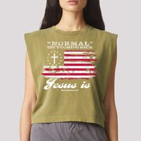 Normal Isn't Coming Back But Jesus Is Revelation 14 American Flag Garment-Dyed Women's Muscle Tee