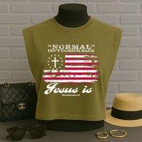Normal Isn't Coming Back But Jesus Is Revelation 14 American Flag Garment-Dyed Women's Muscle Tee