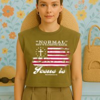 Normal Isn't Coming Back But Jesus Is Revelation 14 American Flag Garment-Dyed Women's Muscle Tee