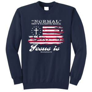 Normal Isn't Coming Back But Jesus Is Revelation 14 American Flag Tall Sweatshirt