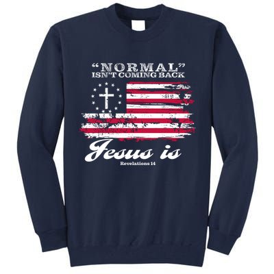 Normal Isn't Coming Back But Jesus Is Revelation 14 American Flag Tall Sweatshirt