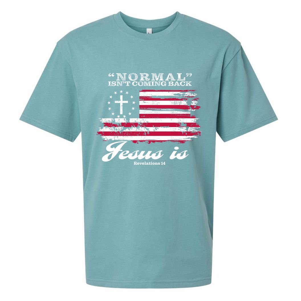 Normal Isn't Coming Back But Jesus Is Revelation 14 American Flag Sueded Cloud Jersey T-Shirt