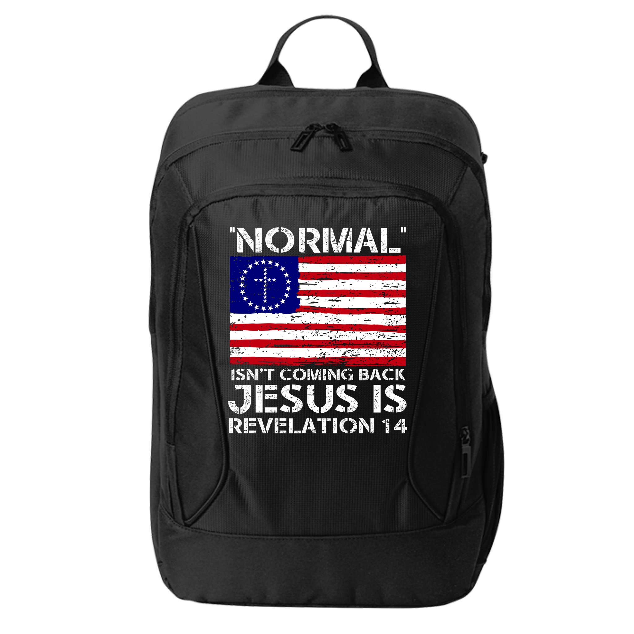 Norman Isnt Coming Back Jesus Is Revelation USA Flag Christianity City Backpack