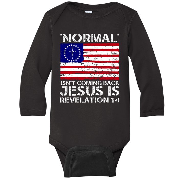 Norman Isnt Coming Back Jesus Is Revelation USA Flag Christianity Baby Long Sleeve Bodysuit