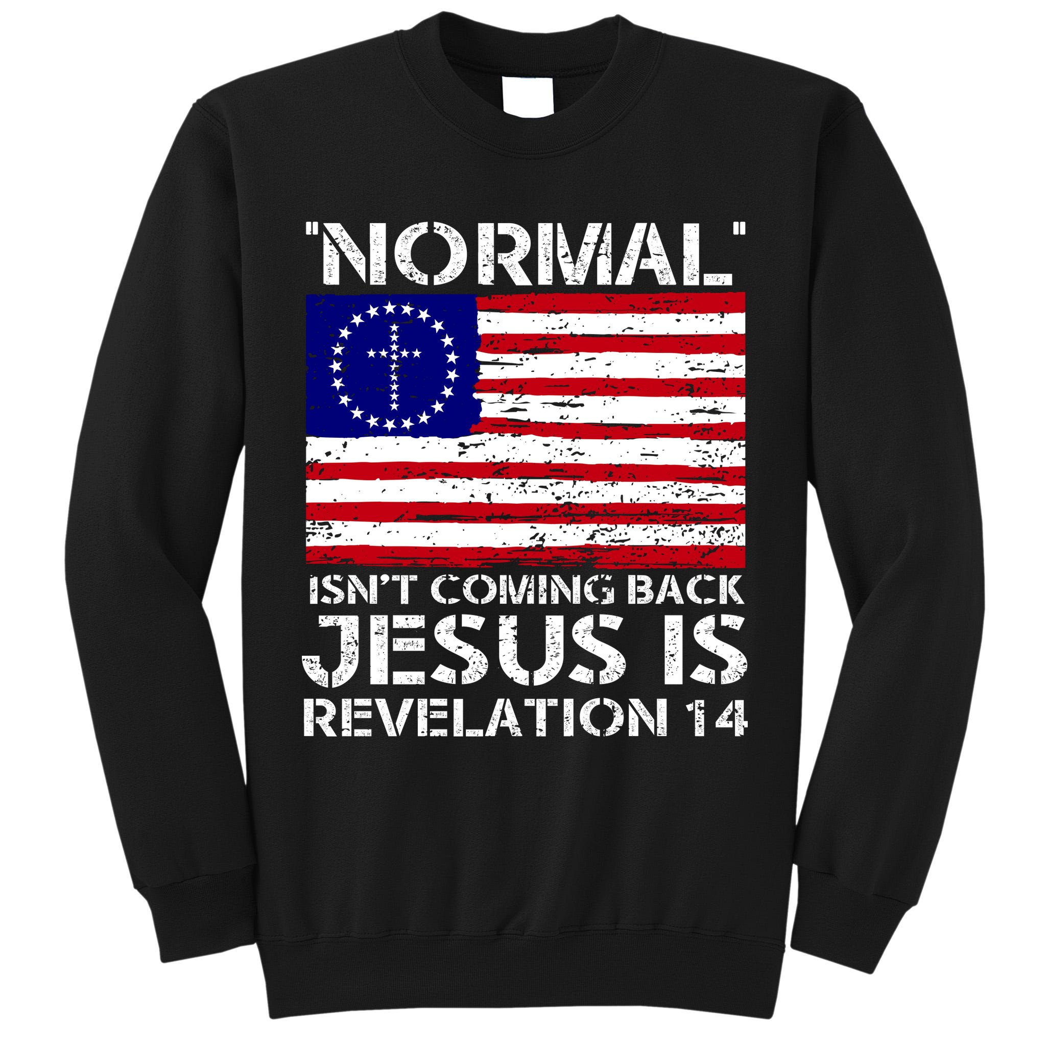 Norman Isnt Coming Back Jesus Is Revelation USA Flag Christianity Tall Sweatshirt