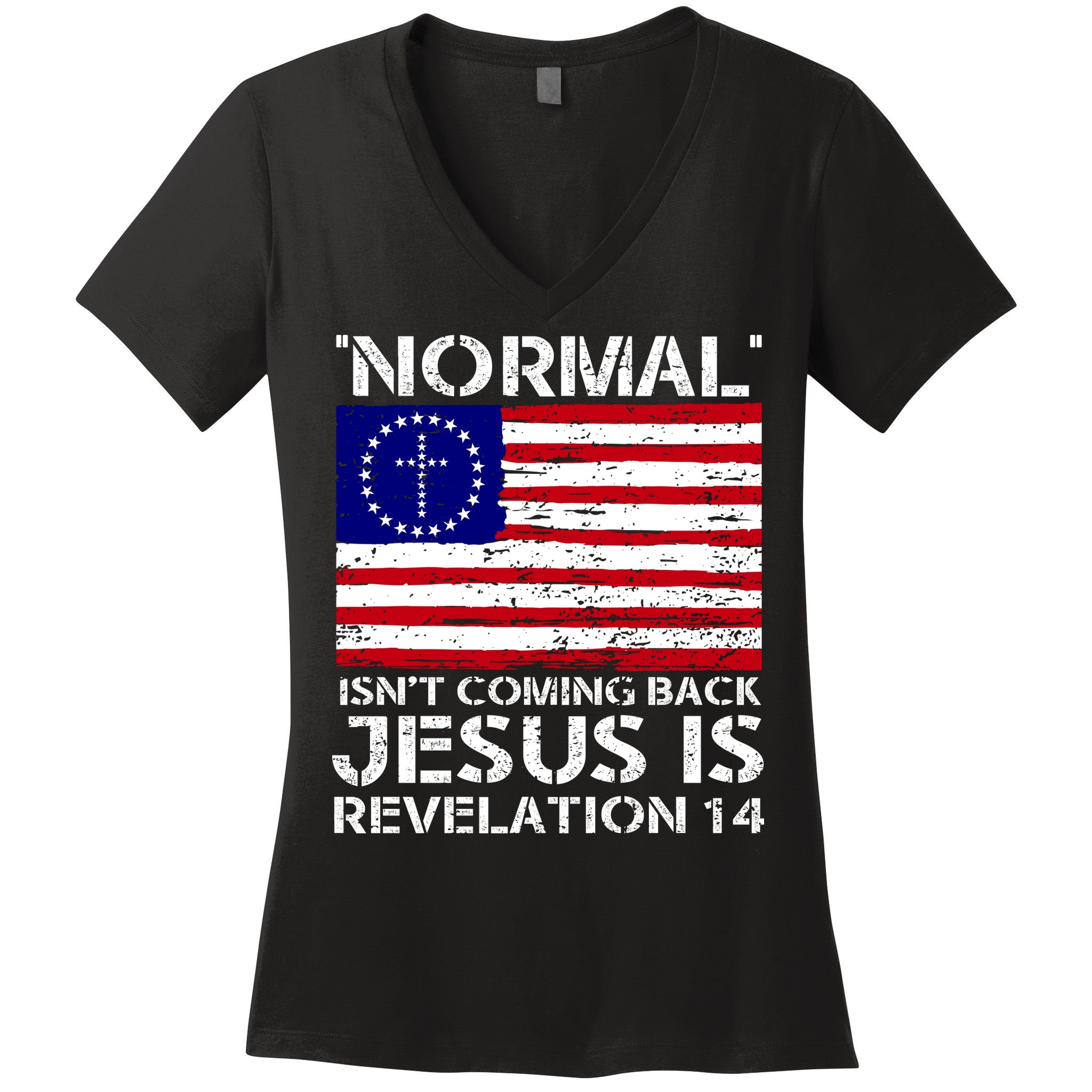 Norman Isnt Coming Back Jesus Is Revelation USA Flag Christianity Women's V-Neck T-Shirt