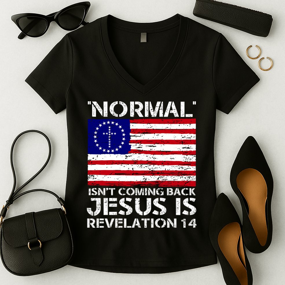Norman Isnt Coming Back Jesus Is Revelation USA Flag Christianity Women's V-Neck T-Shirt