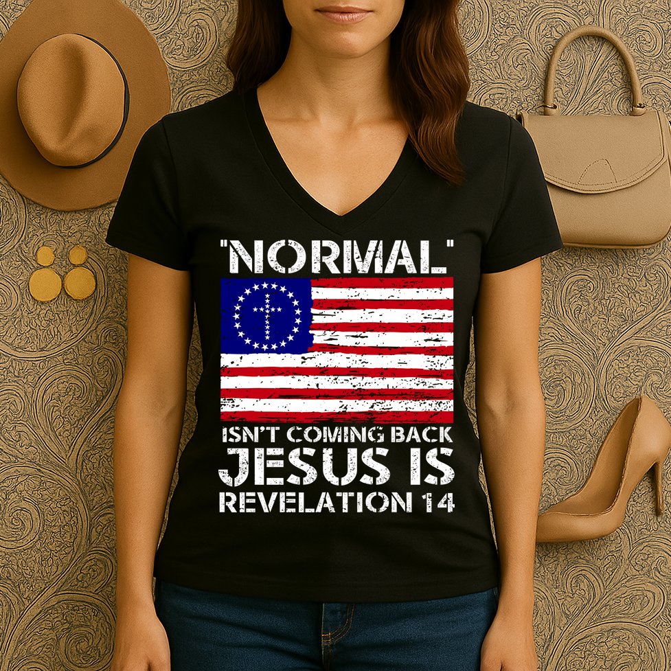 Norman Isnt Coming Back Jesus Is Revelation USA Flag Christianity Women's V-Neck T-Shirt