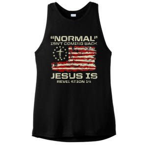 Normal IsnT Coming Back Jesus Is Christian American Flag Ladies PosiCharge Tri-Blend Wicking Tank